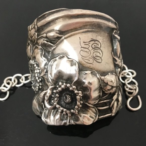Antique Obsessions Jewelry - Floral Sterling Silver 925 Wide Cuff Bracelet Victorian Art Nouveau